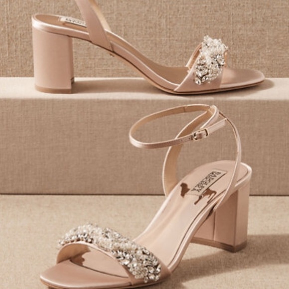 New Badgley Mischka x BHLDN Clara 7.5 Pink Rhinestone Pearl Beads Satin Heels - Picture 2 of 5